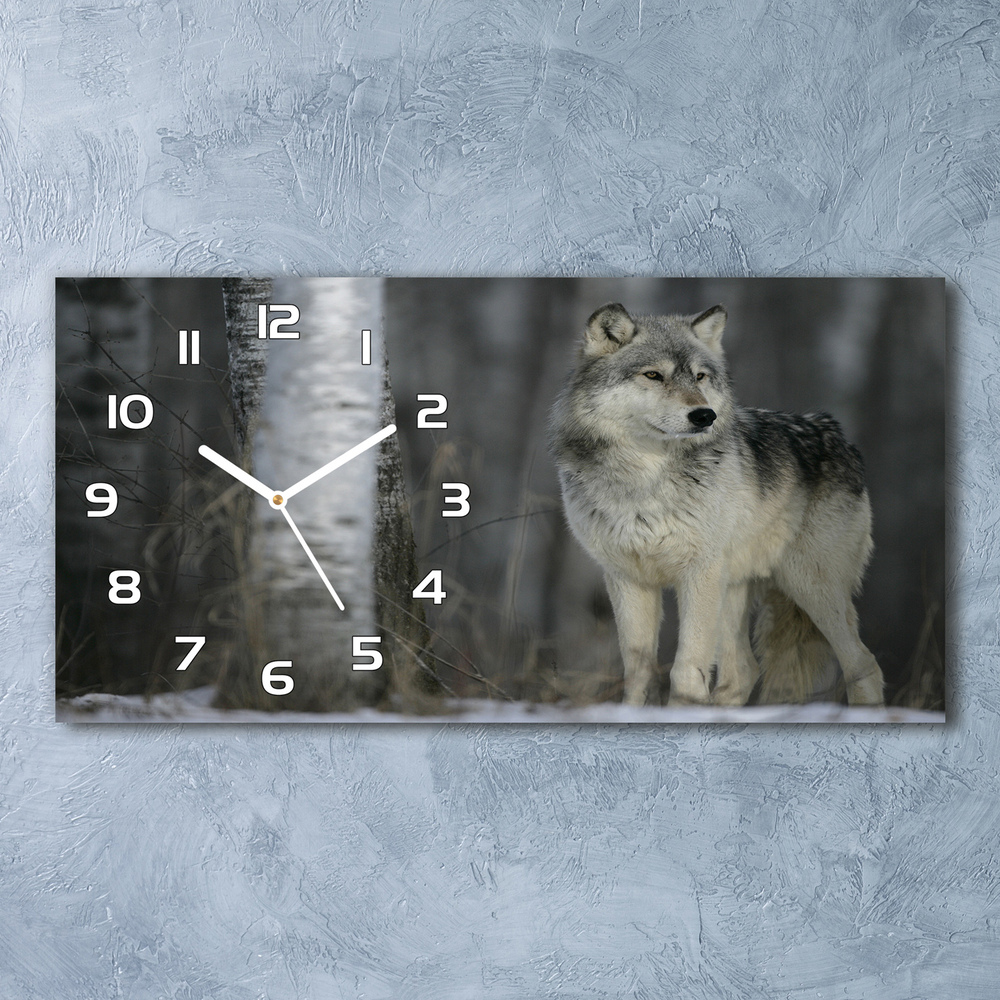 Moderní skleněné hodiny na stěnu Šedý vlk