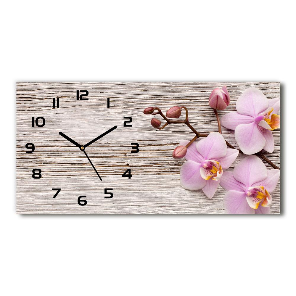 Skleněné hodiny na stěnu Orchidej na dřevě