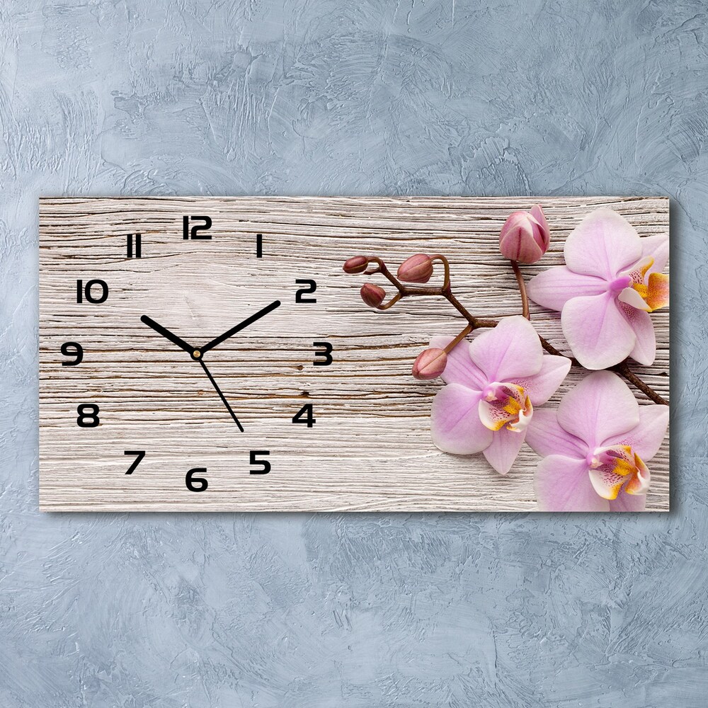 Skleněné hodiny na stěnu Orchidej na dřevě