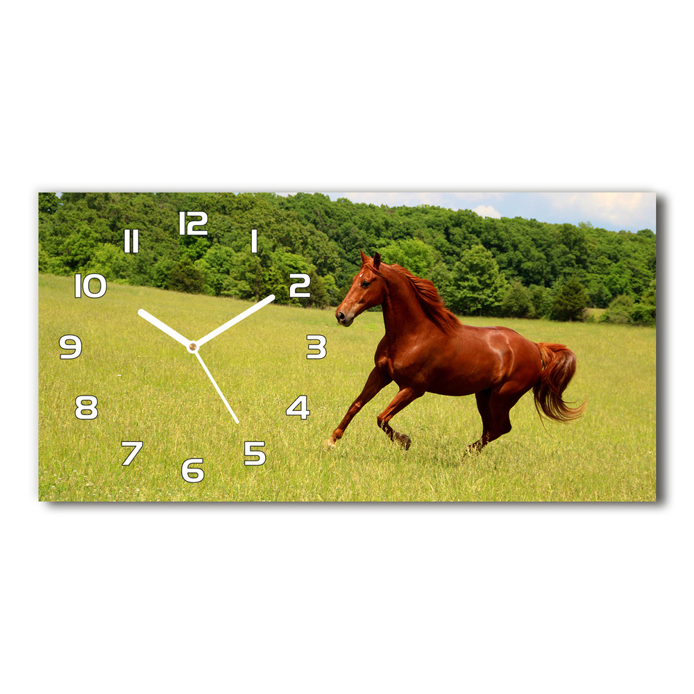 Moderní skleněné hodiny na stěnu Kůň na louce