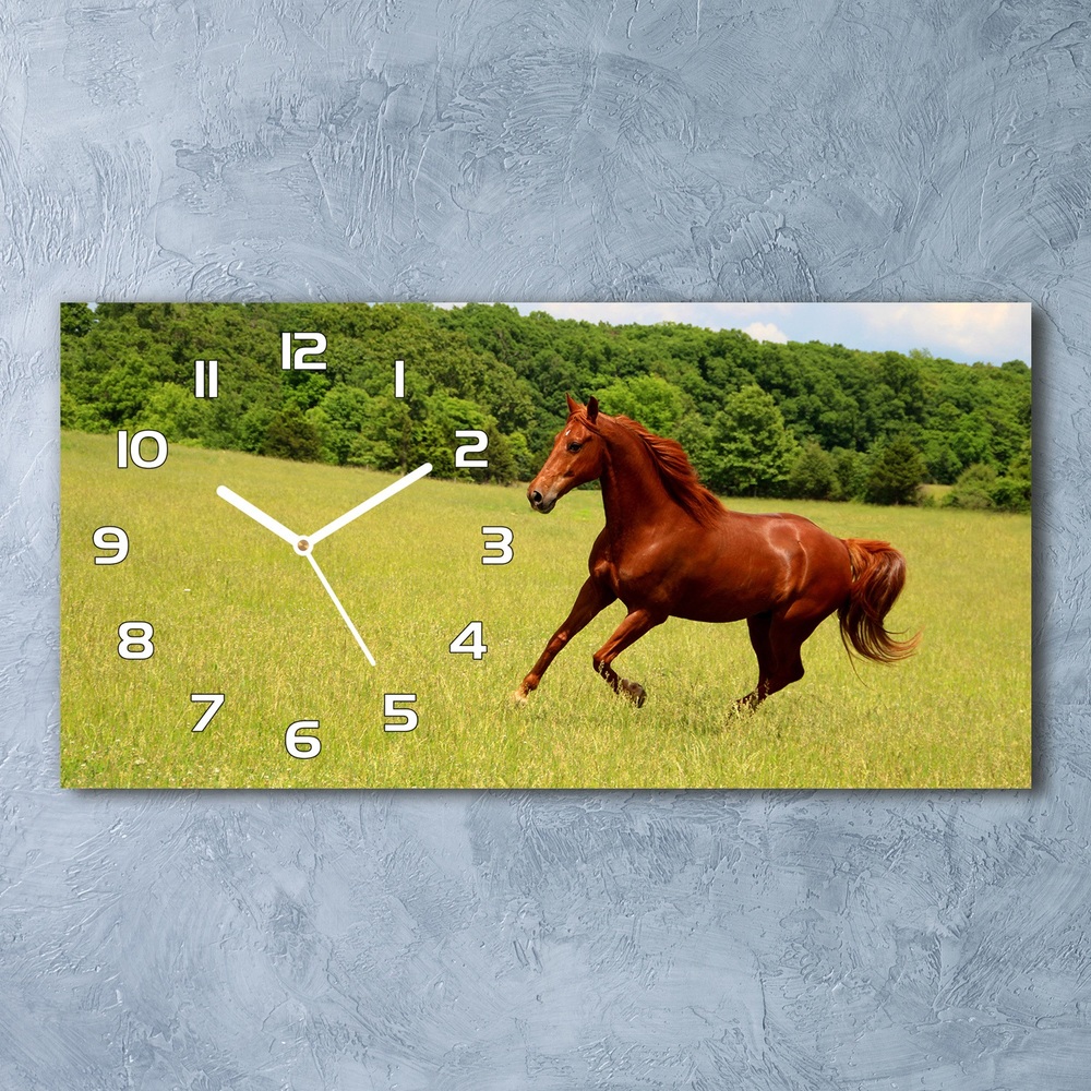 Moderní skleněné hodiny na stěnu Kůň na louce
