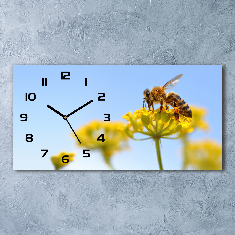Skleněné hodiny na stěnu Včela na květině