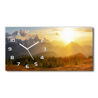 Skleněné hodiny na stěnu Západ slunce hory