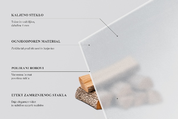 Podložka pod krbová kamna ve tvaru čtvrtkruhu s poloprůhledným provedením