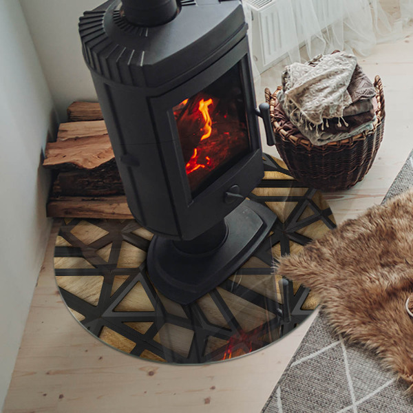 Kulaté sklo pod krbová kamna Moderní tvary s dřevěným akcentem