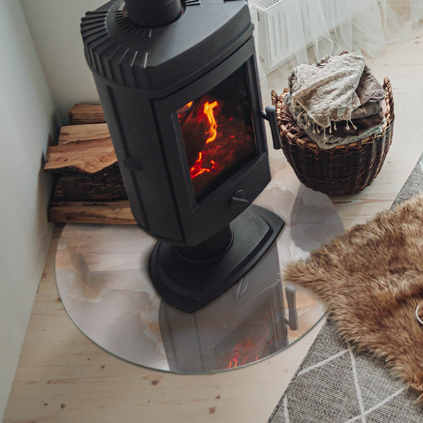 Kulaté sklo pod krbová kamna Kamenný organický motiv