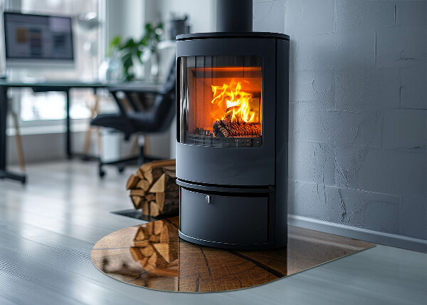 Půloválná skleněná podložka pod kamna Dřevo v průřezu s přírodní texturou