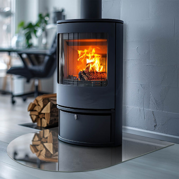 Půloválná skleněná podložka pod kamna Betonová konstrukce s efektem