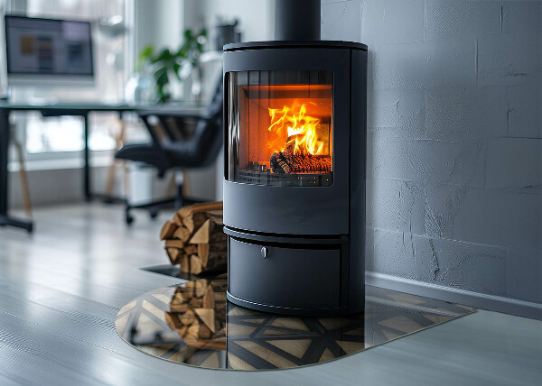 Půloválné sklo před krb Moderní tvary s dřevěným akcentem