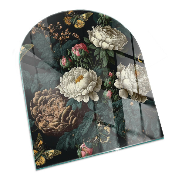 Půloválná skleněná podložka pod kamna Květinový motiv s motýly