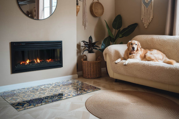 Obdélníková skleněná podložka pod kamna Mozaikový motiv s květinovými akcenty