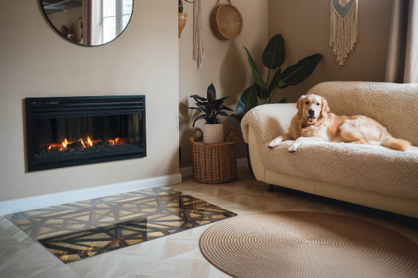 Obdélníkové sklo pod krbová kamna Moderní tvary s dřevěným akcentem