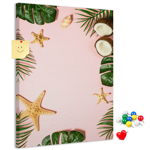 Korková tabule Tropický vzor s listy a mušlemi
