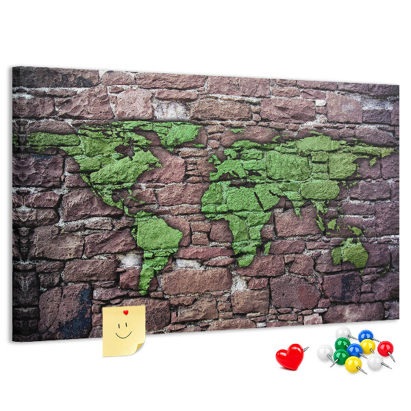 Nástěnka Zelená mapa světa na kamenné zdi