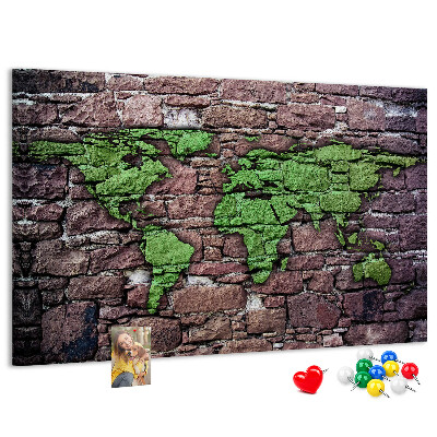 Nástěnka Zelená mapa světa na kamenné zdi