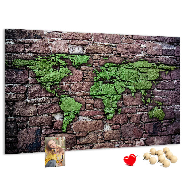 Nástěnka Zelená mapa světa na kamenné zdi