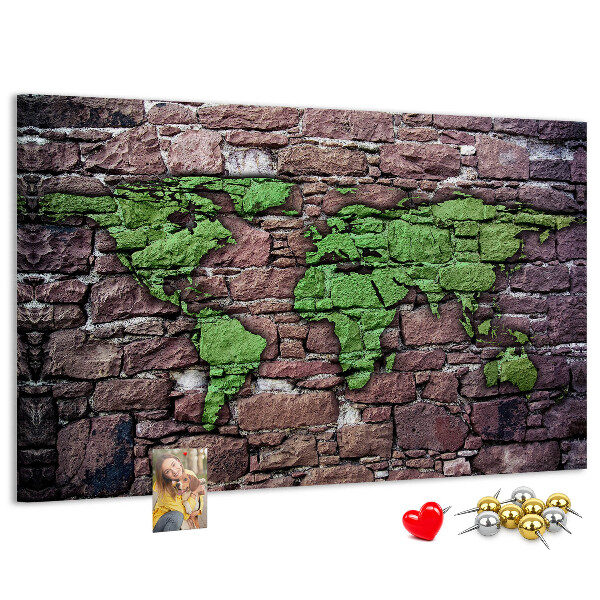 Nástěnka Zelená mapa světa na kamenné zdi