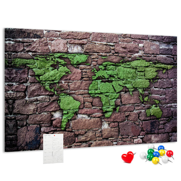 Nástěnka Zelená mapa světa na kamenné zdi