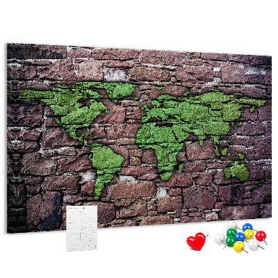 Nástěnka Zelená mapa světa na kamenné zdi