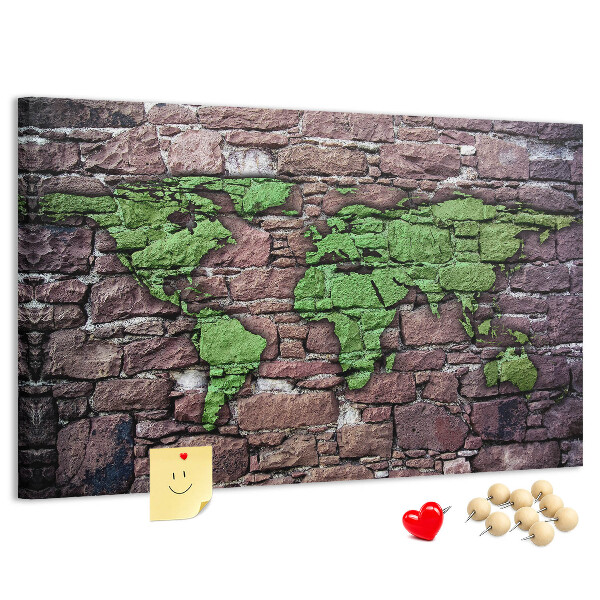 Nástěnka Zelená mapa světa na kamenné zdi