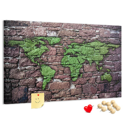 Nástěnka Zelená mapa světa na kamenné zdi