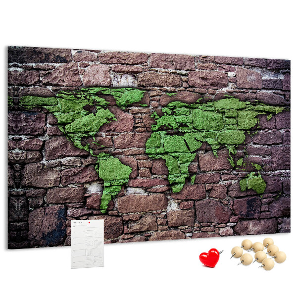 Nástěnka Zelená mapa světa na kamenné zdi