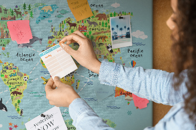 Korková nástěnka Barevná mapa světa se zvířaty a kontinenty