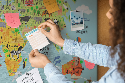 Korková nástěnka Barevná mapa světa se zvířaty a kontinenty