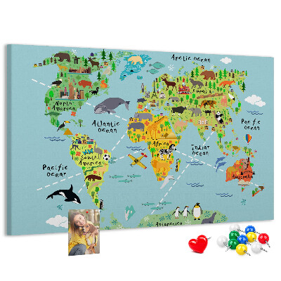 Korková nástěnka Barevná mapa světa se zvířaty a kontinenty