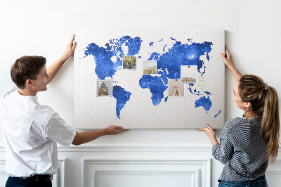 Nástěnka Mapa světa s modrou akvarelovou barvou
