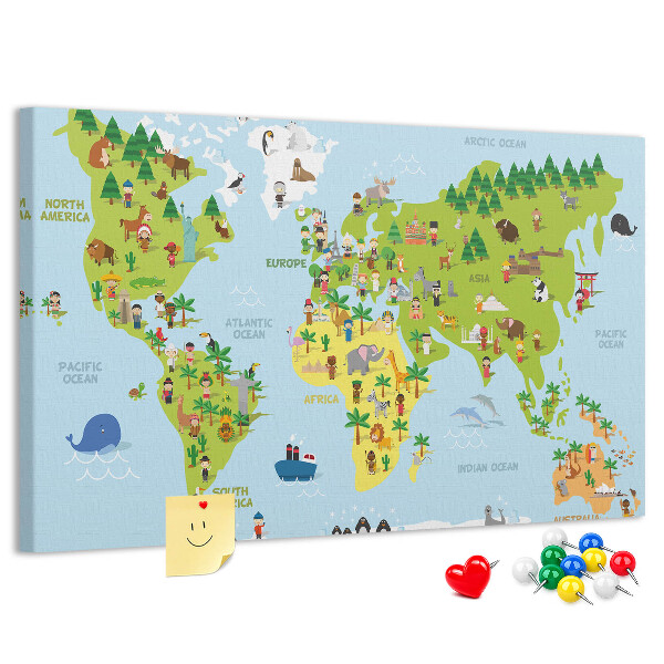 Fětská nástěnka Barevná mapa světa s figurkami zvířat.