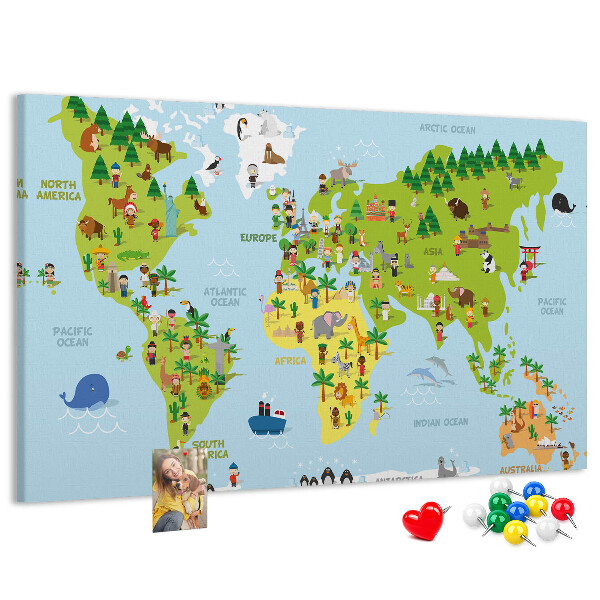 Fětská nástěnka Barevná mapa světa s figurkami zvířat.