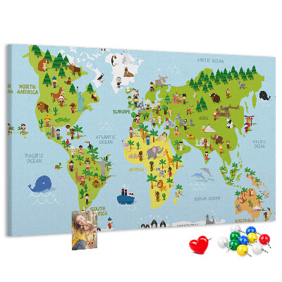 Fětská nástěnka Barevná mapa světa s figurkami zvířat.