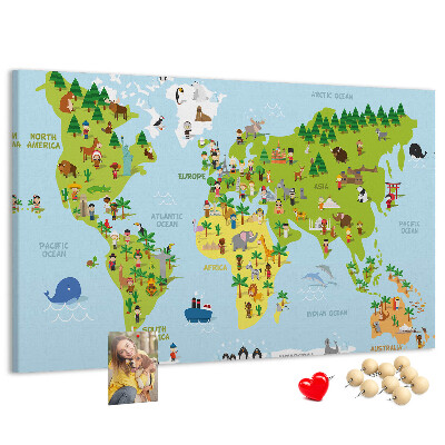 Fětská nástěnka Barevná mapa světa s figurkami zvířat.