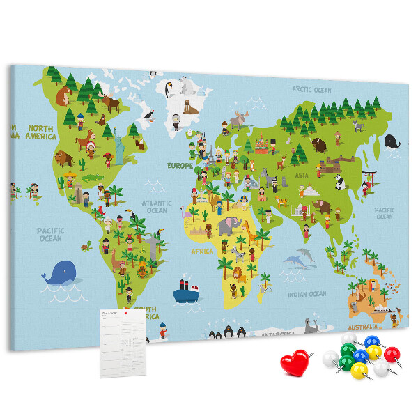 Fětská nástěnka Barevná mapa světa s figurkami zvířat.