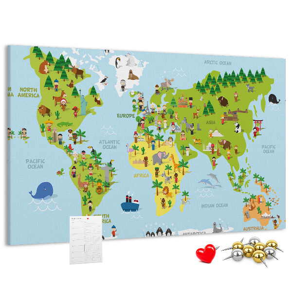 Fětská nástěnka Barevná mapa světa s figurkami zvířat.