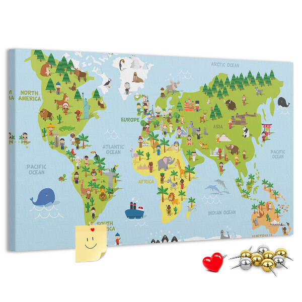 Fětská nástěnka Barevná mapa světa s figurkami zvířat.