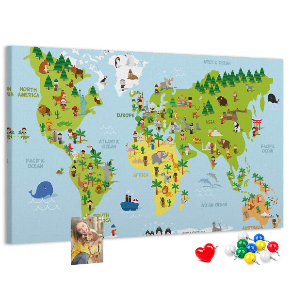 Fětská nástěnka Barevná mapa světa s figurkami zvířat.