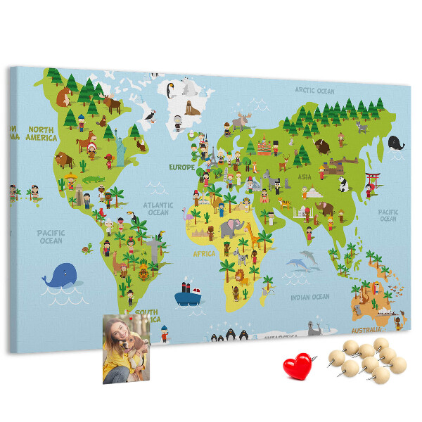 Fětská nástěnka Barevná mapa světa s figurkami zvířat.