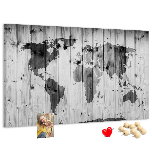 Nástěnka Mapa světa na pozadí dřevěných desek