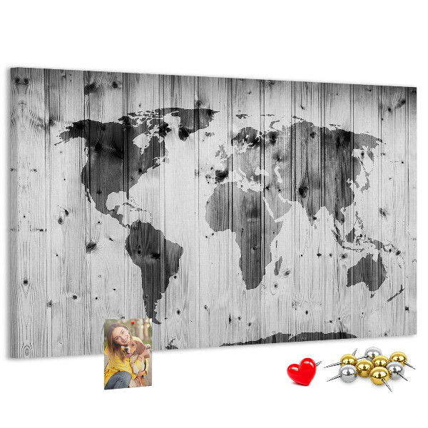 Nástěnka Mapa světa na pozadí dřevěných desek