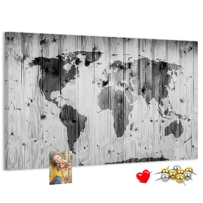 Nástěnka Mapa světa na pozadí dřevěných desek