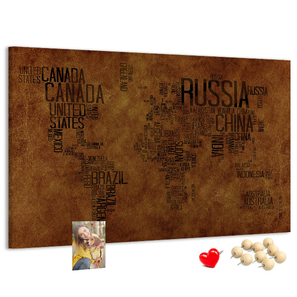 Korková nástěnka Mapa světa s názvy zemí.