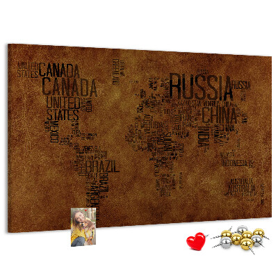 Korková nástěnka Mapa světa s názvy zemí.