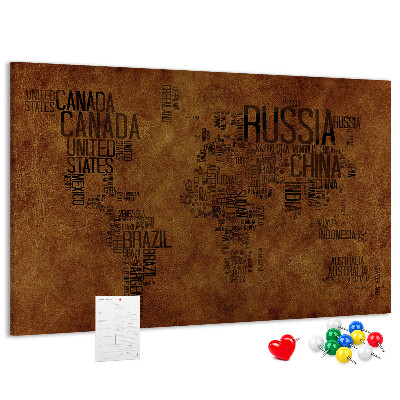 Korková nástěnka Mapa světa s názvy zemí.
