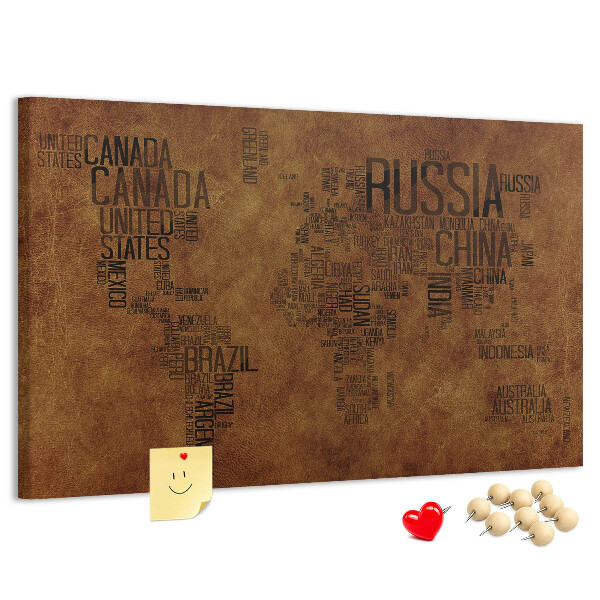 Korková nástěnka Mapa světa s názvy zemí.