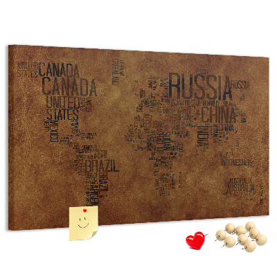 Korková nástěnka Mapa světa s názvy zemí.
