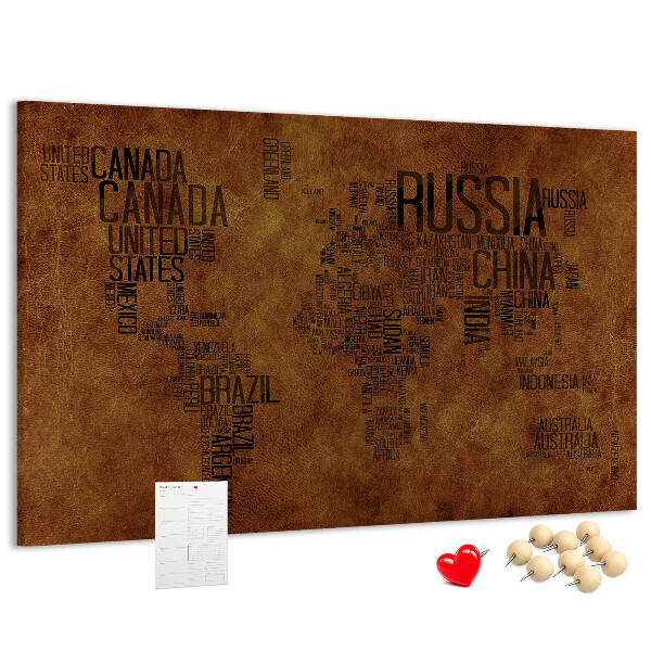 Korková nástěnka Mapa světa s názvy zemí.