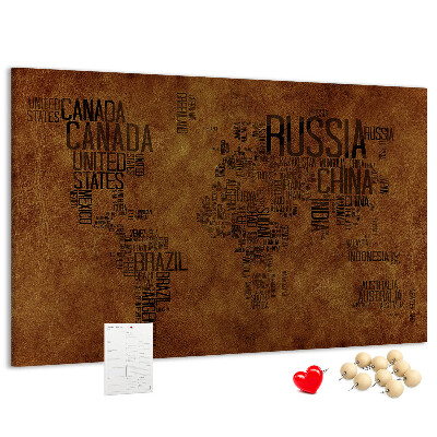 Korková nástěnka Mapa světa s názvy zemí.