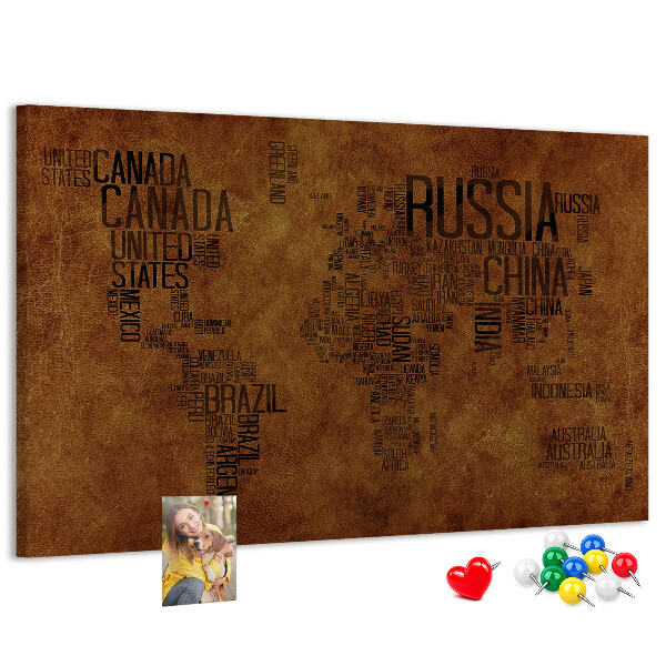 Korková nástěnka Mapa světa s názvy zemí.